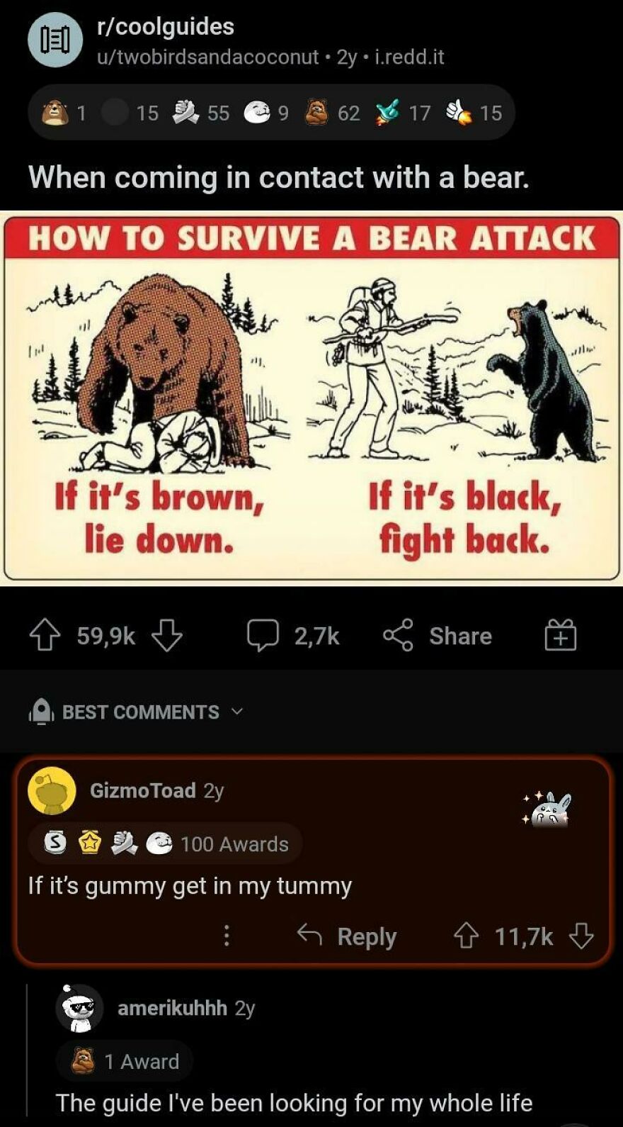Reddit post showing a horrible joke about how to survive a bear attack with angry upvotes.