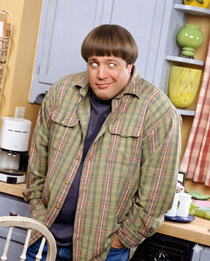 Man with bowl haircut and white eyes wearing plaid shirt inside a kitchen, perfect for funny Stranger Things memes content.