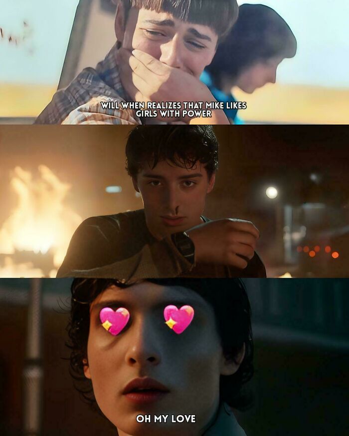Stranger Things meme showing emotional and intense scenes with characters expressing surprise and love.