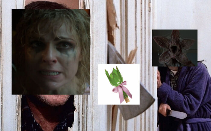 Scene from Stranger Things with characters wearing Demogorgon mask and holding an ax, featured in funny Stranger Things memes.