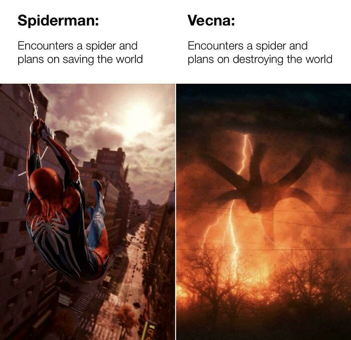 Comparison meme featuring Spiderman swinging through a city and Vecna with a shadowy spider figure, Stranger Things memes humor.