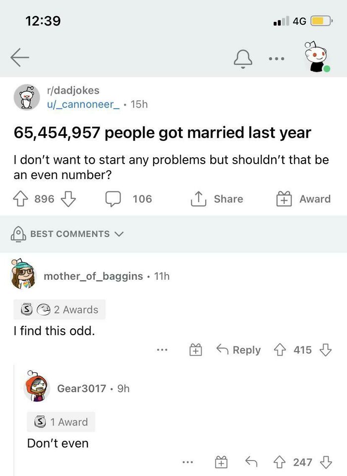Reddit dad joke post showing a hilariously stupid comment about an odd number of people getting married, sparking funny replies.