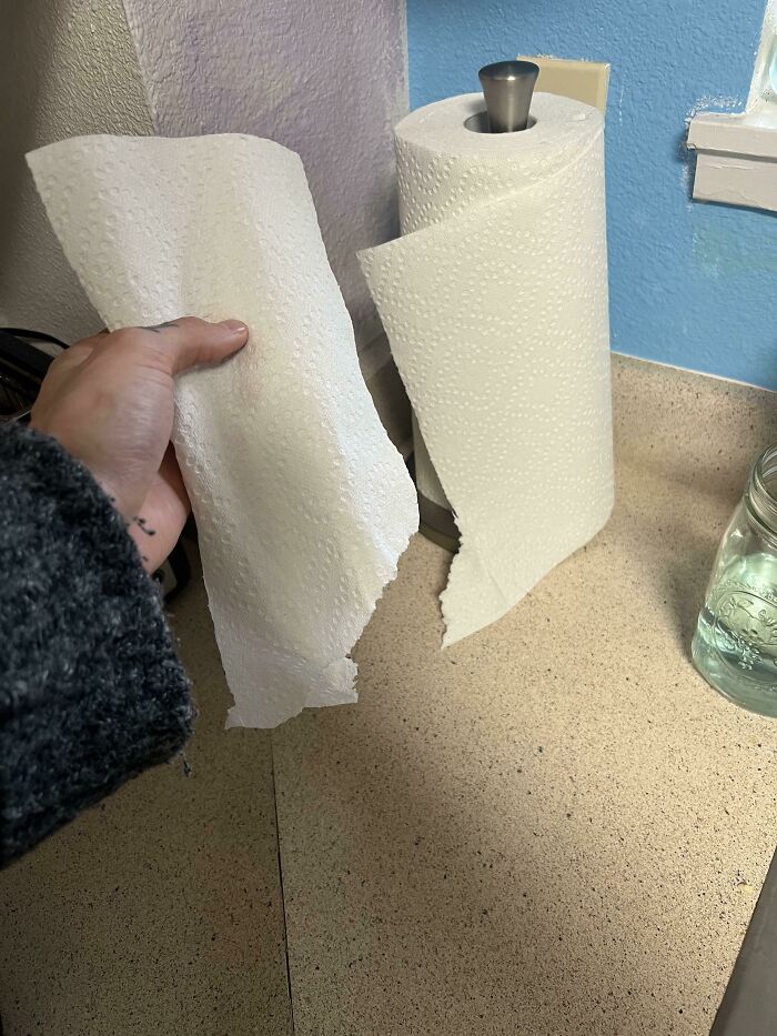 Hand holding a torn paper towel sheet ripped unevenly from a roll, illustrating snobbish behavior shamed online.