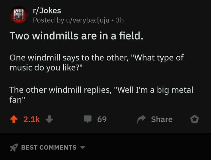 Reddit joke post with pun about windmills and music, part of hilarious stupid posts collection with 2.1k upvotes.