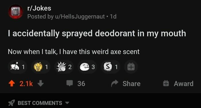 Reddit joke post about accidentally spraying deodorant in mouth, featured in hilariously stupid posts with angry upvotes.