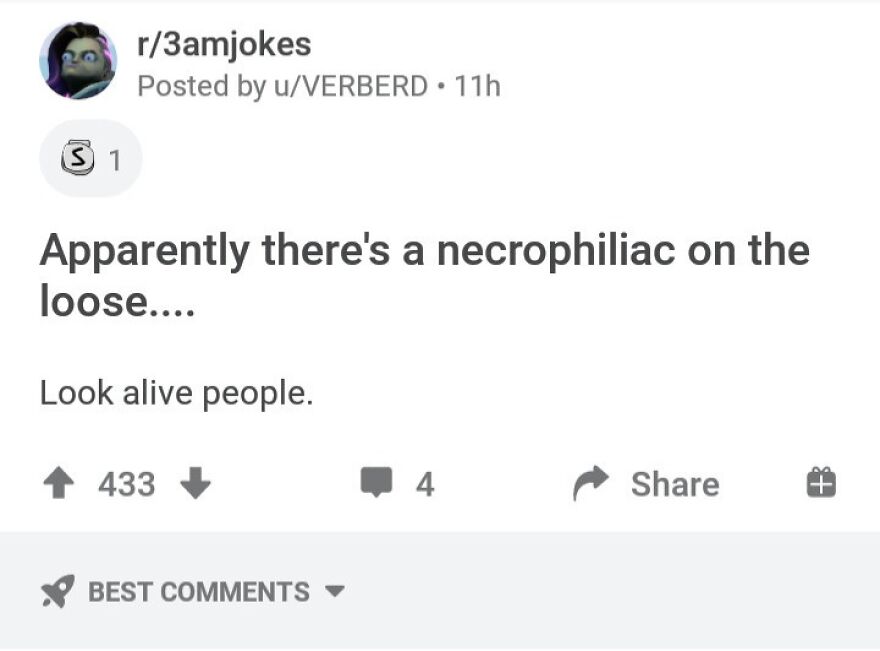 Reddit post with a horrible joke that received an angry upvote and sparked comments on r/3amjokes.