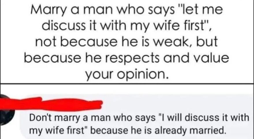 Text meme about marriage advice with a joke so horrible it earned an angry upvote in online humor.