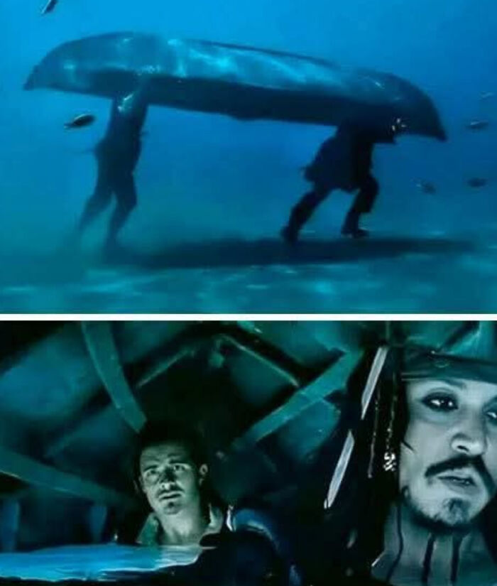 Underwater image of two people carrying a canoe and a scene from a movie, illustrating weird math problem solutions.