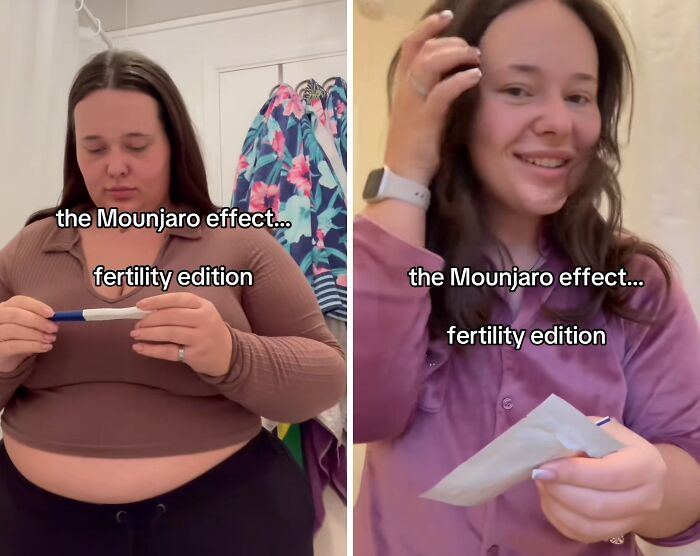 Before and after weight loss photos of a woman showing the Mounjaro effect during her fertility journey.