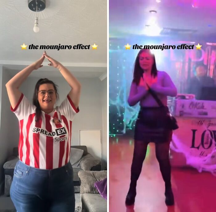 Side-by-side photos showing the Mounjaro effect with a woman before and after weight loss transformation.