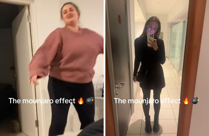 Side-by-side before and after photos showing the Mounjaro effect on weight loss transformation in two women.