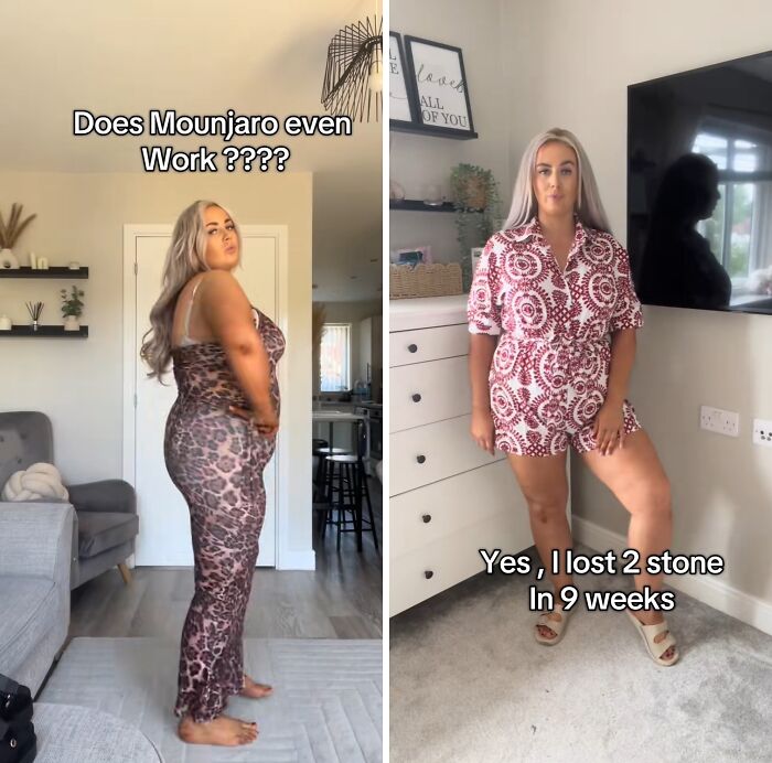 Before and after photos of a woman showing weight loss results from the Mounjaro effect over nine weeks at home.