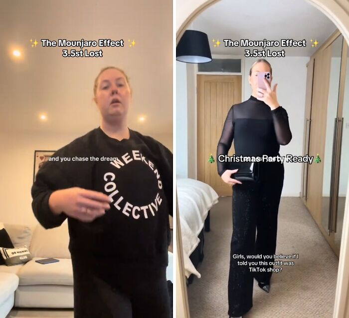 Before and after photos showing the Mounjaro effect with a 3.5st weight loss transformation at home.