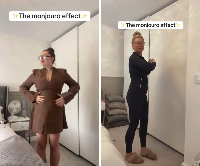 Two women showing before and after weight loss results demonstrating the Mounjaro effect in a bedroom setting.