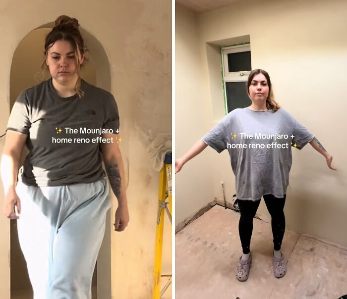 Before and after photos of a woman showing the Mounjaro effect on her weight loss journey during home renovation.