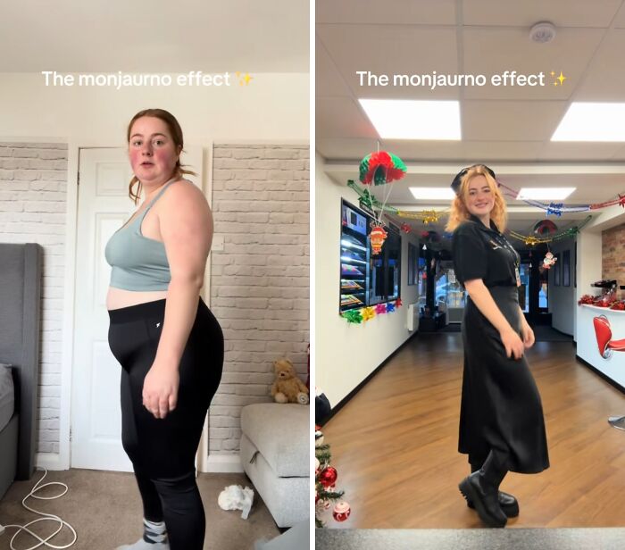 Before and after images of a woman showing weight loss results from the Mounjaro effect in indoor settings.