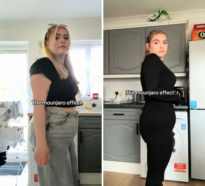 Young woman showing weight loss transformation from Mounjaro effect, standing in kitchen before and after photos.