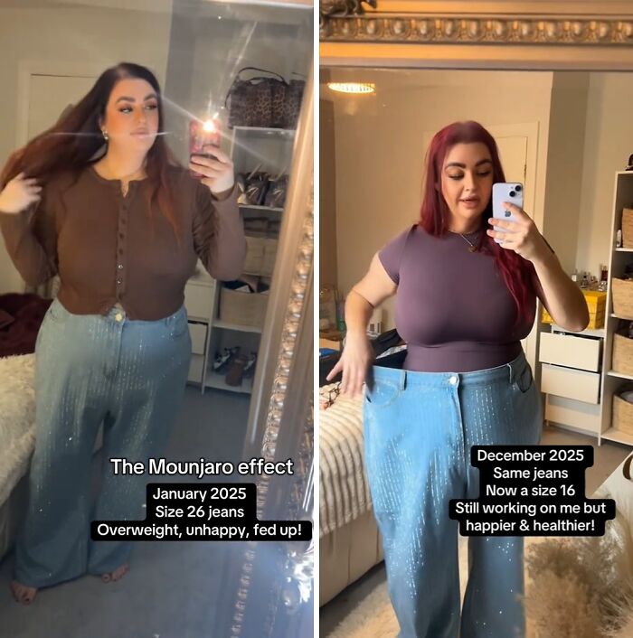 Woman showing weight loss progress from size 26 to size 16 jeans, demonstrating the Mounjaro effect transformation.