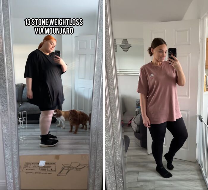 Before and after photos of a woman showing weight loss success using Mounjaro in her fitness journey.