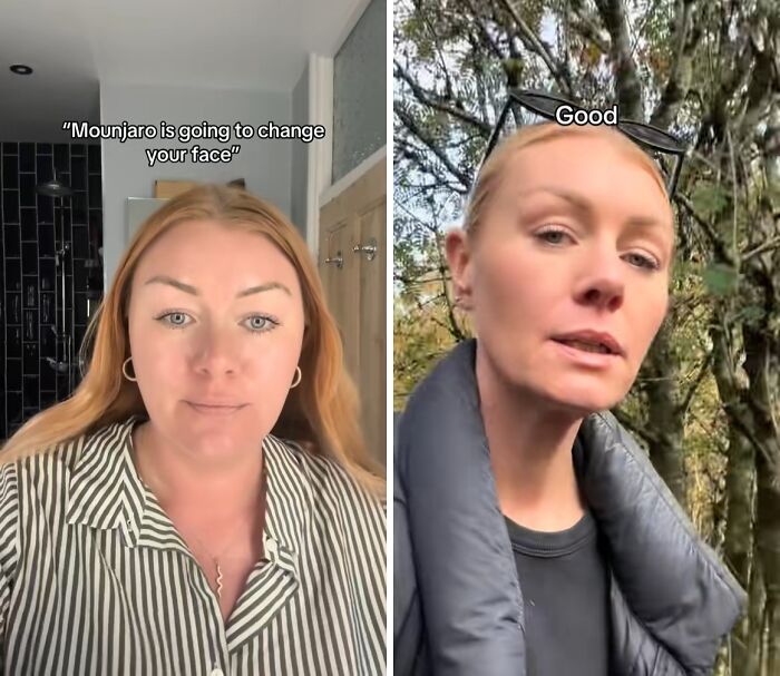 Two women share their weight loss journeys, highlighting the Mounjaro effect on their facial changes and confidence outdoors.