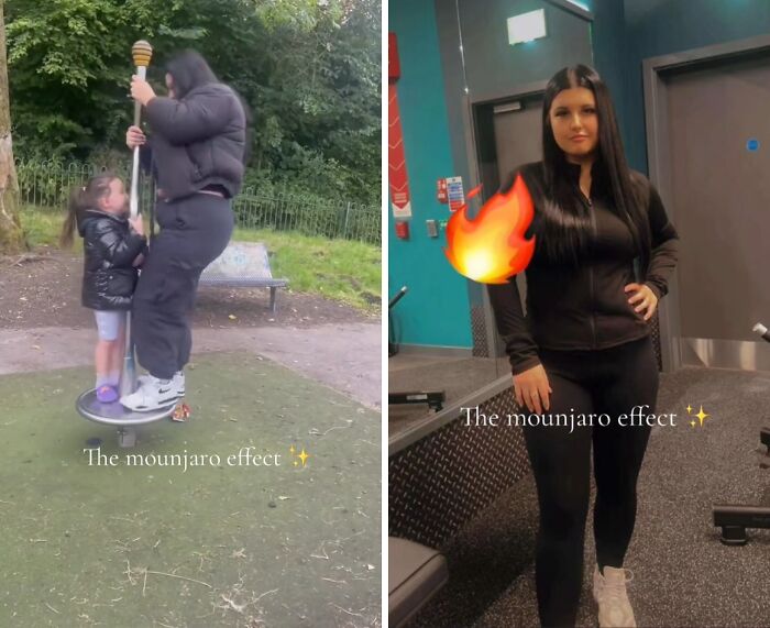 Two women experiencing the Mounjaro effect, one outdoors with a child on a playground spinner, another posing indoors in workout attire.