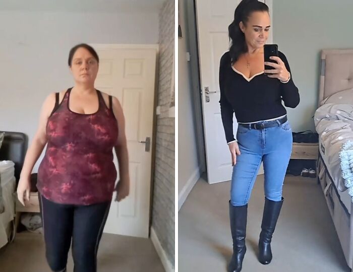 Before and after weight loss photos of a woman showcasing the Mounjaro effect and successful transformation journey.