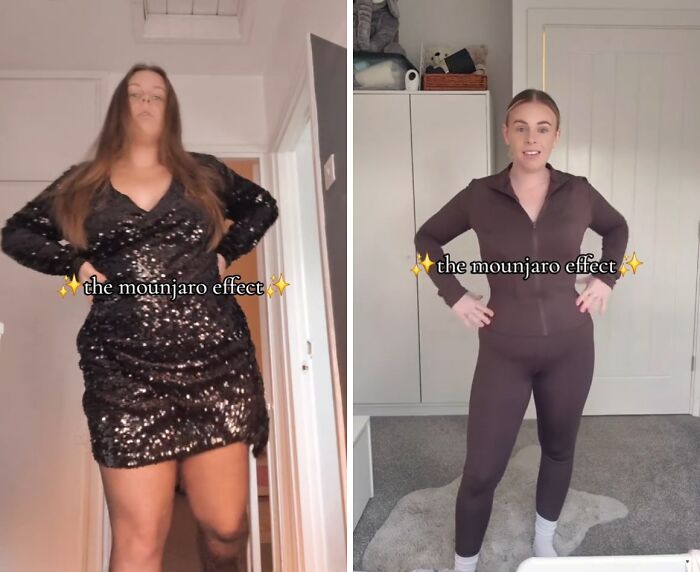 Two women showing weight loss transformations demonstrating the Mounjaro effect with confidence and clothing changes.