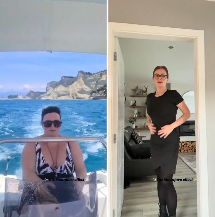 Before and after photos showing the Mounjaro effect on weight loss with a woman on a boat and standing indoors.
