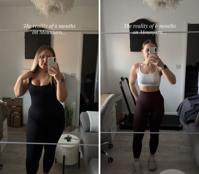 Before and after photos of a woman showing weight loss progress after six months on Mounjaro medication in a bedroom setting.
