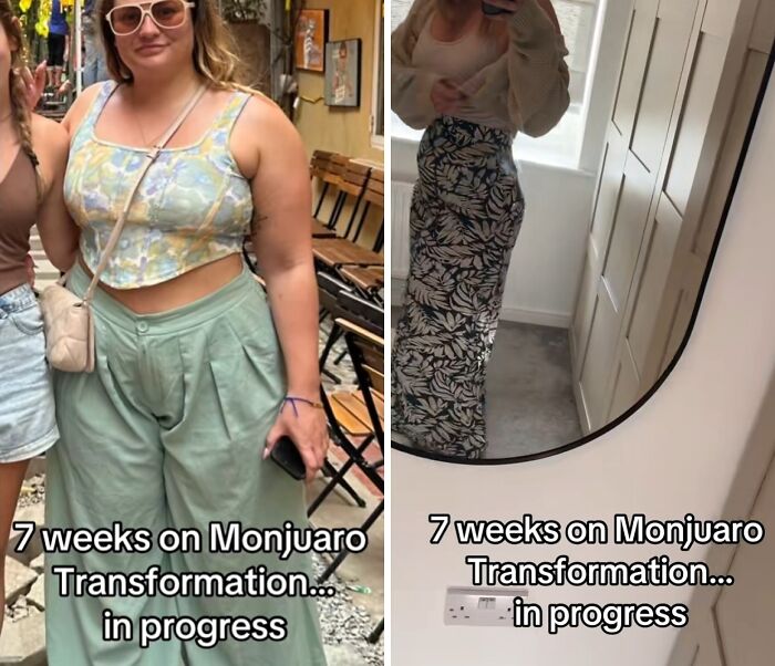 Before and after photos of a person showing weight loss progress after 7 weeks on Mounjaro transformation journey.