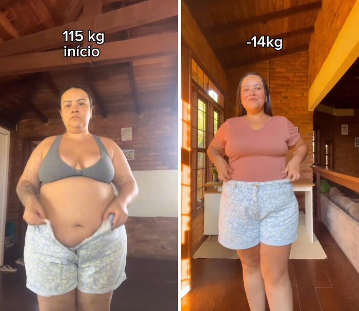 Woman showing before and after weight loss using Mounjaro, wearing shorts and a tank top in a wooden room.
