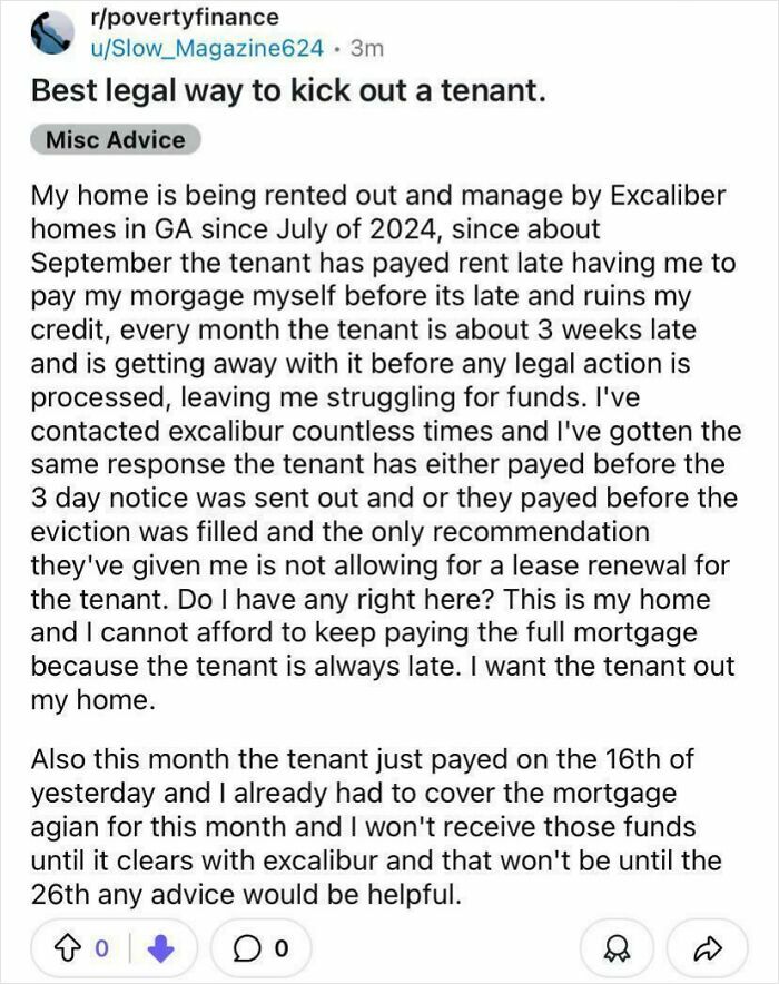 Reddit post detailing rental nightmares where landlords face late rent issues and struggle with tenant management challenges.