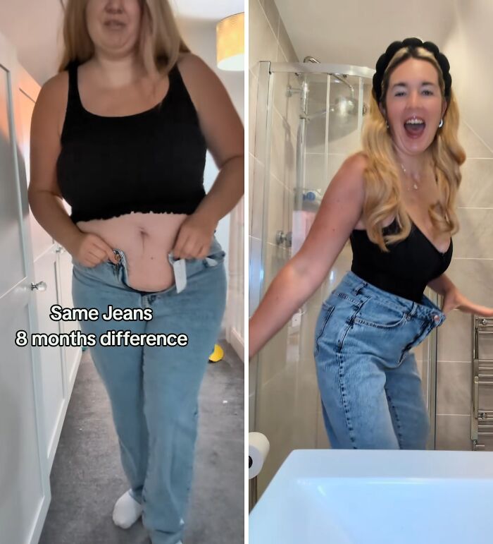 Woman shows weight loss progress wearing the same jeans after 8 months, illustrating the Mounjaro effect on body transformation.
