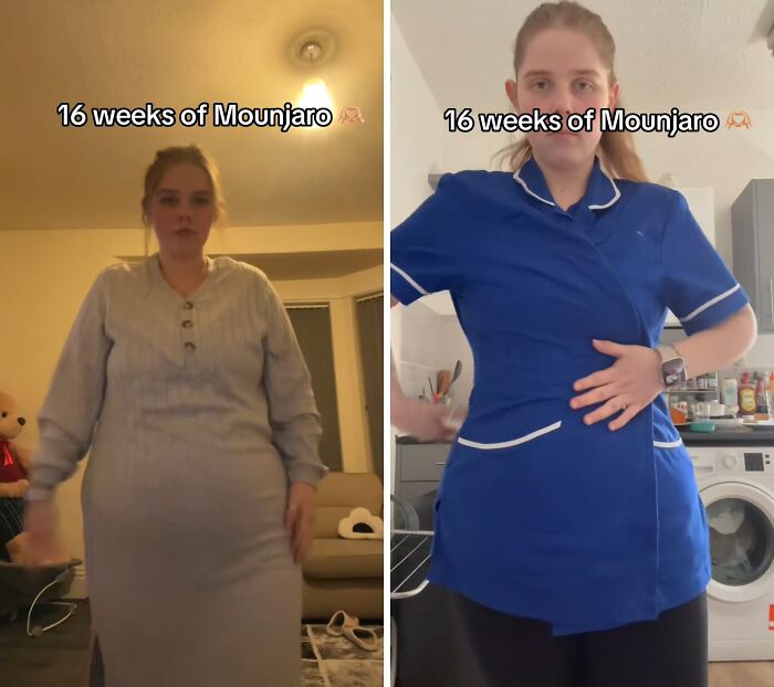 Before and after photos of a woman showing weight loss progress after 16 weeks of using Mounjaro medication.