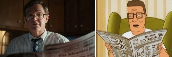 Man and animated character both wearing glasses and reading newspapers, shown side by side in a humorous comparison meme.