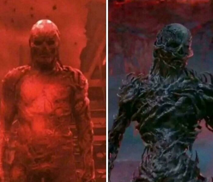 Two different monster forms from Stranger Things, featuring grotesque and eerie designs in dark and red tones.