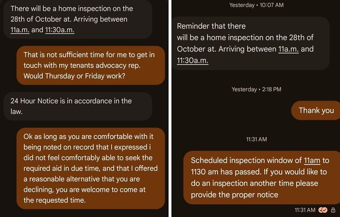 Text message conversation showing a landlord and tenant dispute over short notice for a home inspection, illustrating rental nightmares.