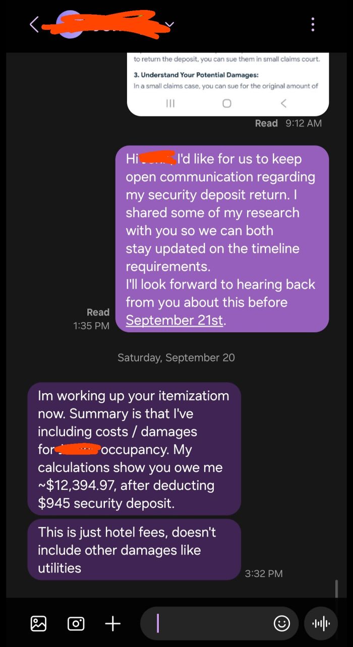 Text message exchange discussing security deposit disputes and damages, illustrating rental nightmares where landlords cut corners.