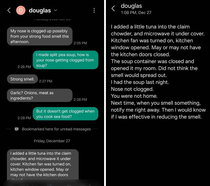 Text message conversation showing tenant and landlord discussing strong food smells and ventilation issues in rental property.