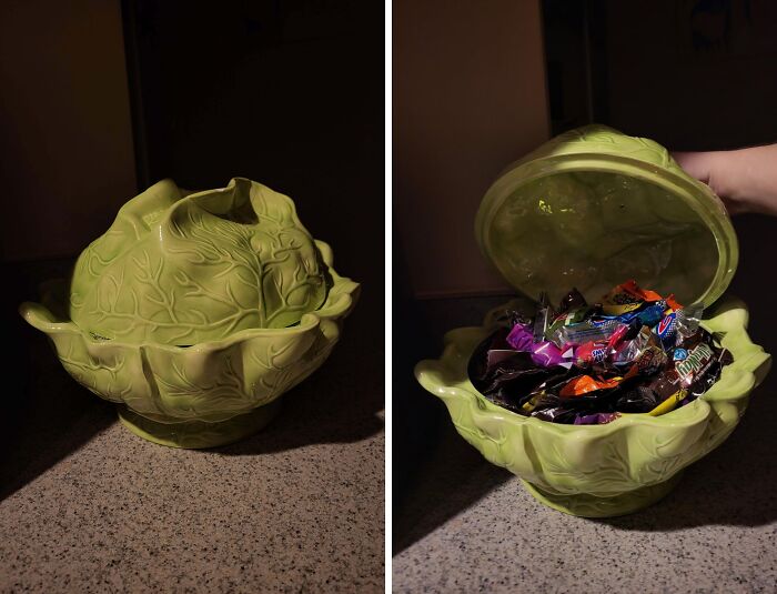 Green ceramic cabbage container filled with candy, a cool secondhand store surprise found unexpectedly.