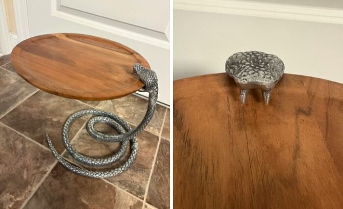 Metal snake table base with wooden top found in secondhand stores delivering cool, unexpected surprises for home decor.