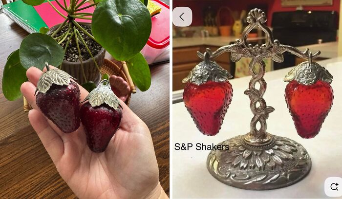 Vintage strawberry salt and pepper shakers with silver tops and ornate holder from secondhand stores surprises collection