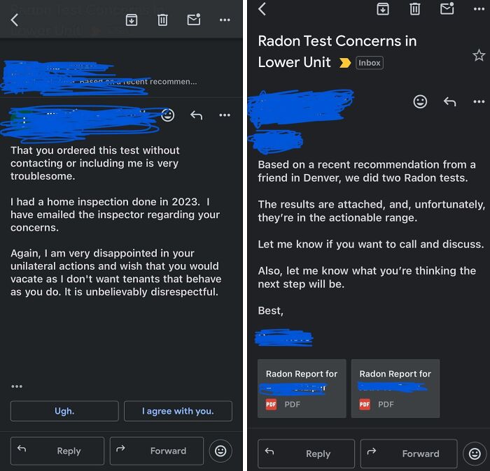 Email exchange showing landlord and tenant dispute over radon test results revealing rental nightmares and landlord corner-cutting exposed.