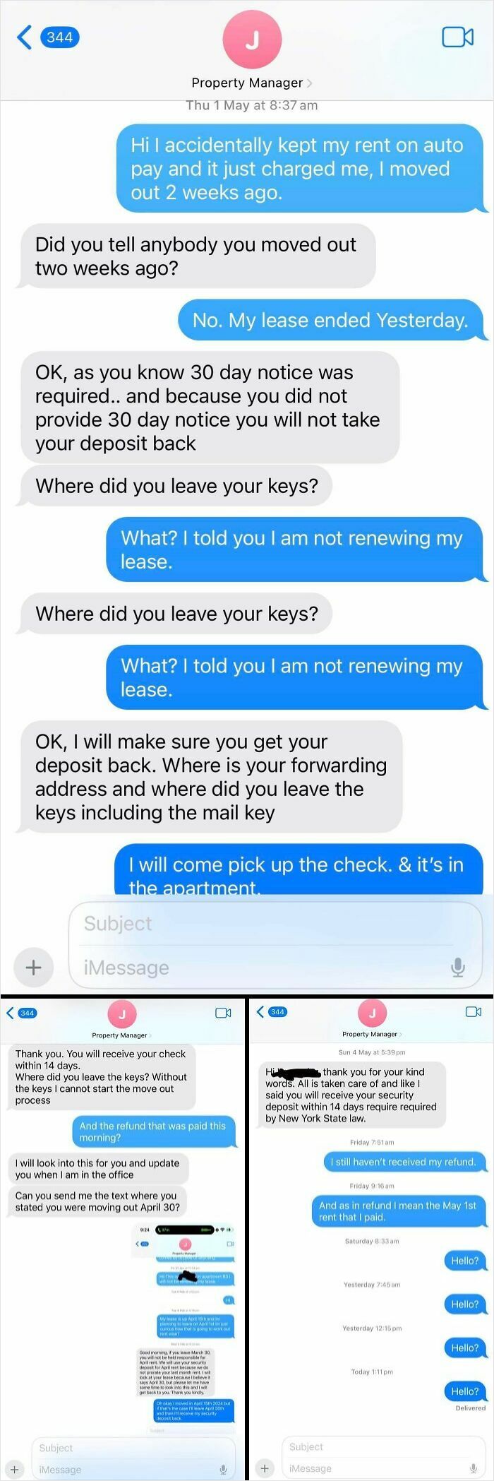 Text messages between tenant and property manager showing rental nightmare over deposit refund and lease disagreements.