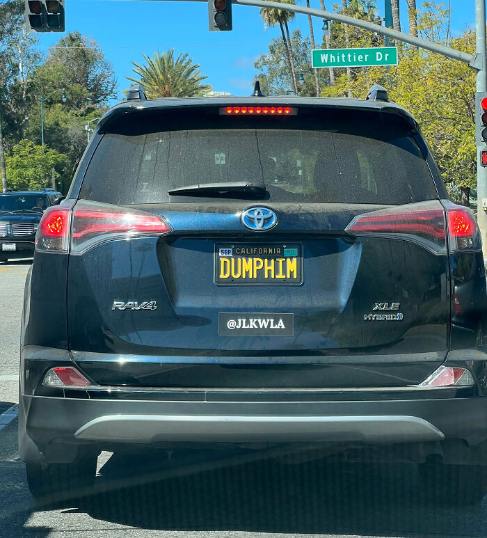 Black Toyota RAV4 with a hilarious personalized license plate reading DUMPHIM on a sunny street.