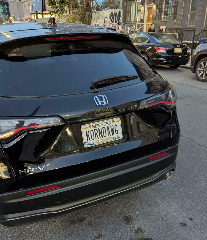 Black Honda HR-V with a personalized license plate reading KORNDAWG, showcasing funny personalized license plates in New York.