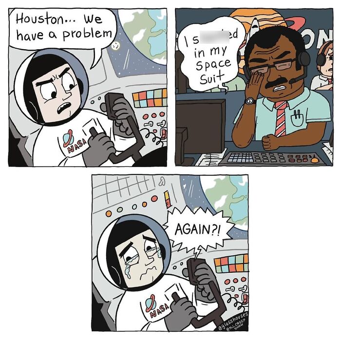 Comic panels from NJ Creepshow series showing a distressed astronaut and frustrated mission control in a humorous space scenario.