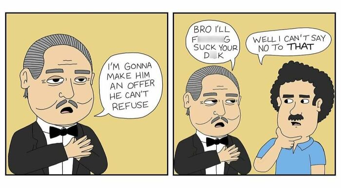 Two-panel NJ Creepshow comic with a man in a tuxedo making an offer and a second man reacting humorously.