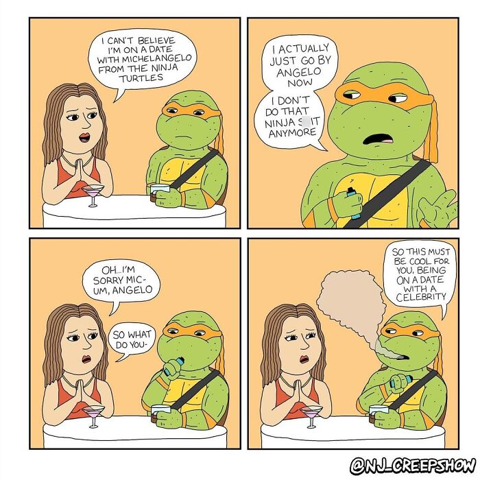 NJ Creepshow comic with a parody of Ninja Turtles character on a date, featuring dark humor and dialogue about identity.