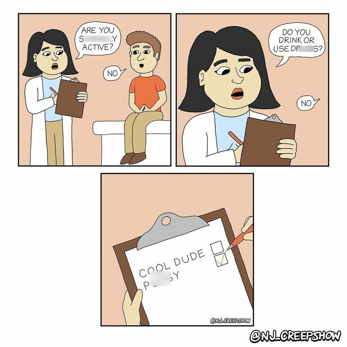 Comic panels from NJ Creepshow showing a doctor interviewing a patient and checking boxes on a clipboard.